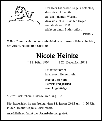Anzeige von Nicole Heinke von Kölner Stadt-Anzeiger / Kölnische Rundschau / Express