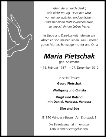 Anzeige von Maria Pietschak von Kölner Stadt-Anzeiger / Kölnische Rundschau / Express