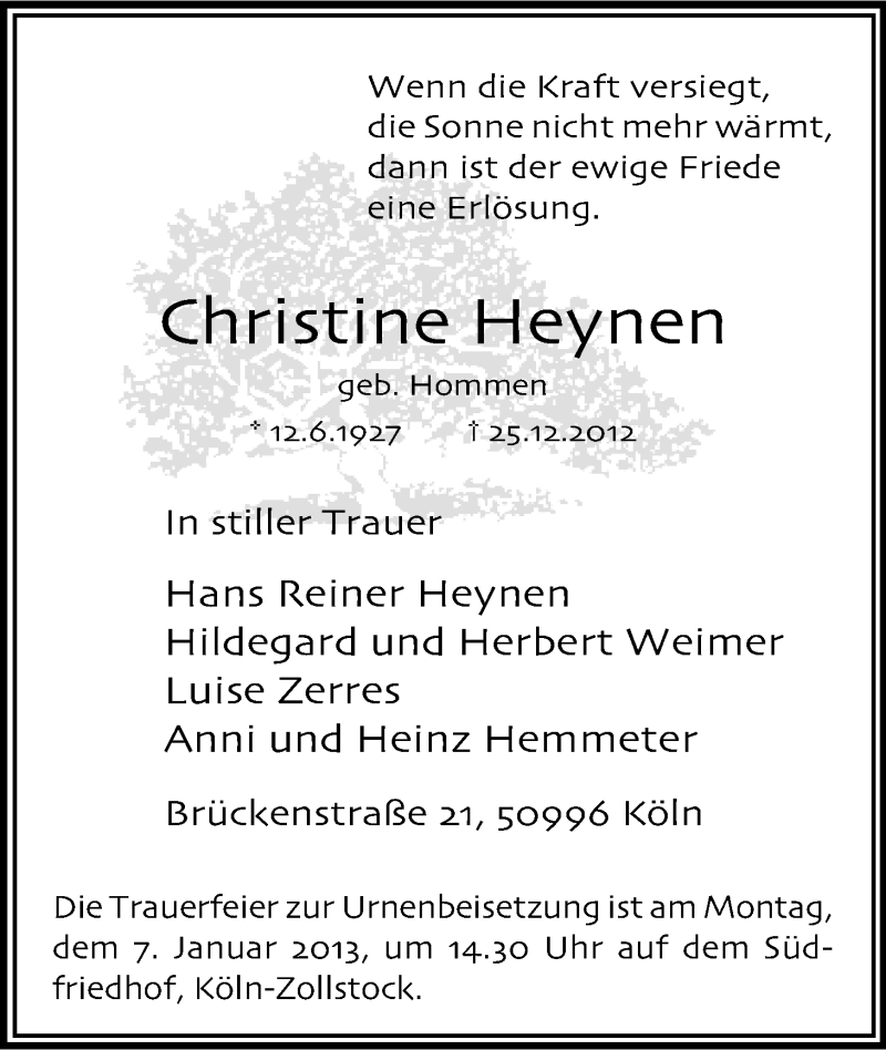  Traueranzeige für Christine Heynen vom 05.01.2013 aus Kölner Stadt-Anzeiger / Kölnische Rundschau / Express