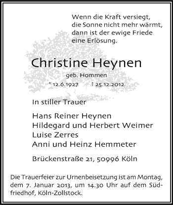 Anzeige von Christine Heynen von Kölner Stadt-Anzeiger / Kölnische Rundschau / Express