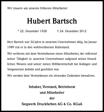 Anzeige von Hubert Bartsch von Kölner Stadt-Anzeiger / Kölnische Rundschau / Express