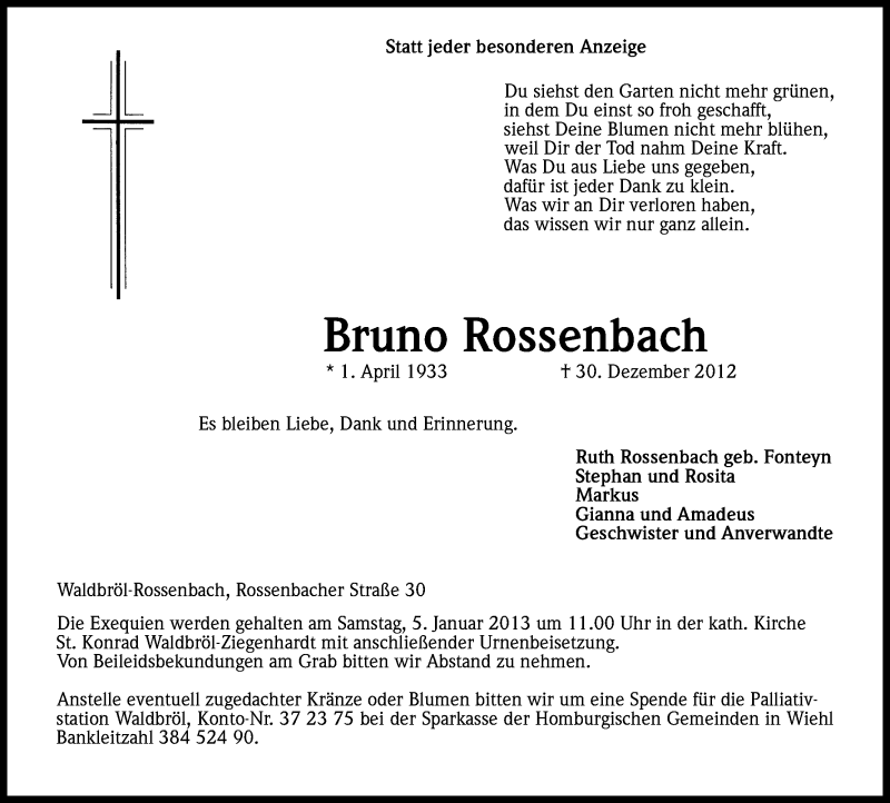  Traueranzeige für Bruno Rossenbach vom 03.01.2013 aus Kölner Stadt-Anzeiger / Kölnische Rundschau / Express