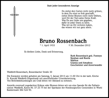 Anzeige von Bruno Rossenbach von Kölner Stadt-Anzeiger / Kölnische Rundschau / Express