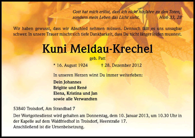  Traueranzeige für Kuni Meldau-Krechel vom 05.01.2013 aus Kölner Stadt-Anzeiger / Kölnische Rundschau / Express