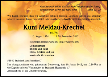 Anzeige von Kuni Meldau-Krechel von Kölner Stadt-Anzeiger / Kölnische Rundschau / Express