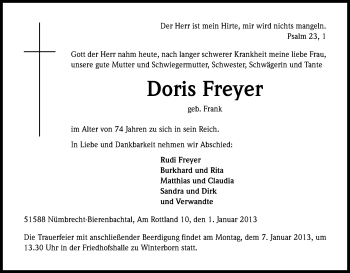 Anzeige von Doris Freyer von Kölner Stadt-Anzeiger / Kölnische Rundschau / Express