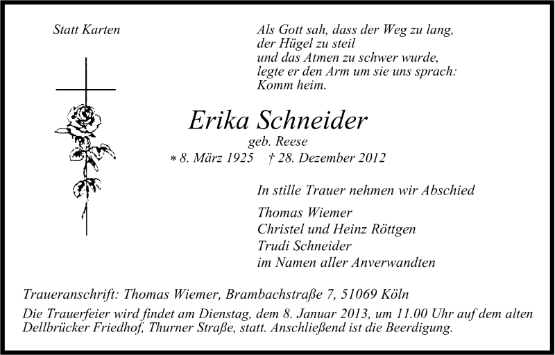  Traueranzeige für Erika Schneider vom 05.01.2013 aus Kölner Stadt-Anzeiger / Kölnische Rundschau / Express