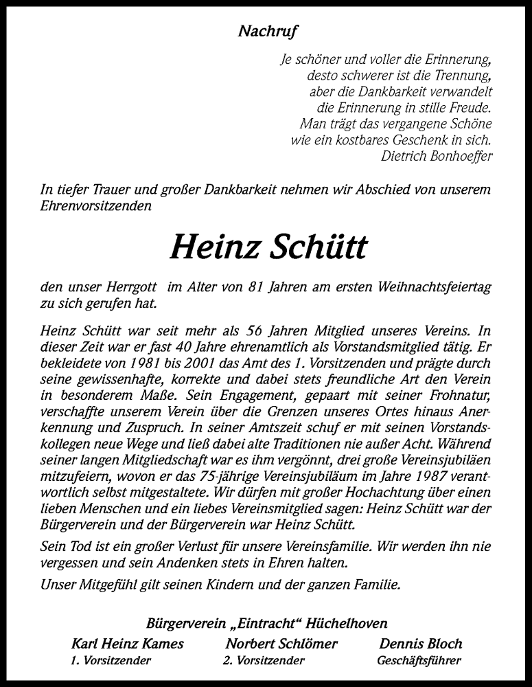  Traueranzeige für Heinz Schütt vom 04.01.2013 aus Kölner Stadt-Anzeiger / Kölnische Rundschau / Express