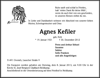 Anzeige von Agnes Keßler von Kölner Stadt-Anzeiger / Kölnische Rundschau / Express