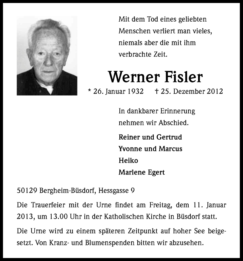  Traueranzeige für Werner Fisler vom 05.01.2013 aus Kölner Stadt-Anzeiger / Kölnische Rundschau / Express