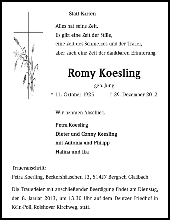 Anzeige von Romy Koesling von Kölner Stadt-Anzeiger / Kölnische Rundschau / Express