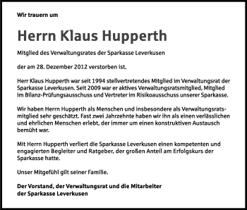 Anzeige von Klaus Hupperth von Kölner Stadt-Anzeiger / Kölnische Rundschau / Express