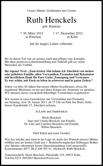 Anzeige von Ruth Henckels von Kölner Stadt-Anzeiger / Kölnische Rundschau / Express