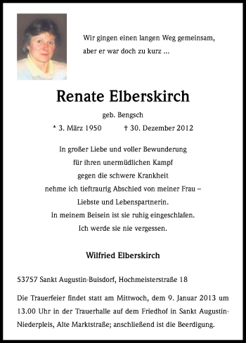 Anzeige von Renate Elberskirch von Kölner Stadt-Anzeiger / Kölnische Rundschau / Express
