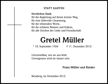Anzeige von Gretel Müller von Kölner Stadt-Anzeiger / Kölnische Rundschau / Express