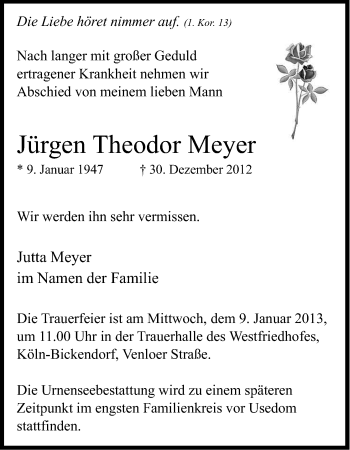 Anzeige von Jürgen Theodor Meyer von Kölner Stadt-Anzeiger / Kölnische Rundschau / Express
