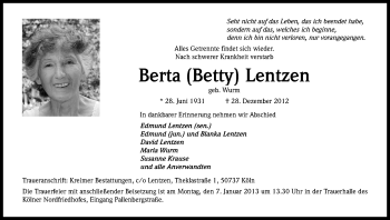 Anzeige von Berta Lentzen von Kölner Stadt-Anzeiger / Kölnische Rundschau / Express
