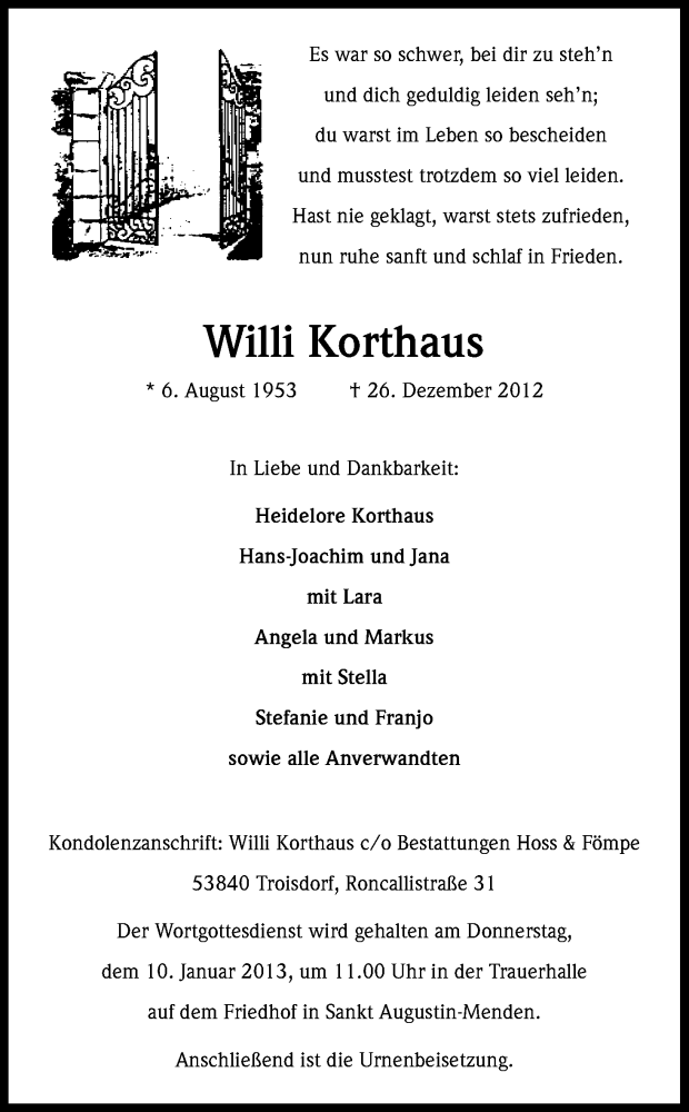 Traueranzeige für Willi Korthaus vom 05.01.2013 aus Kölner Stadt-Anzeiger / Kölnische Rundschau / Express