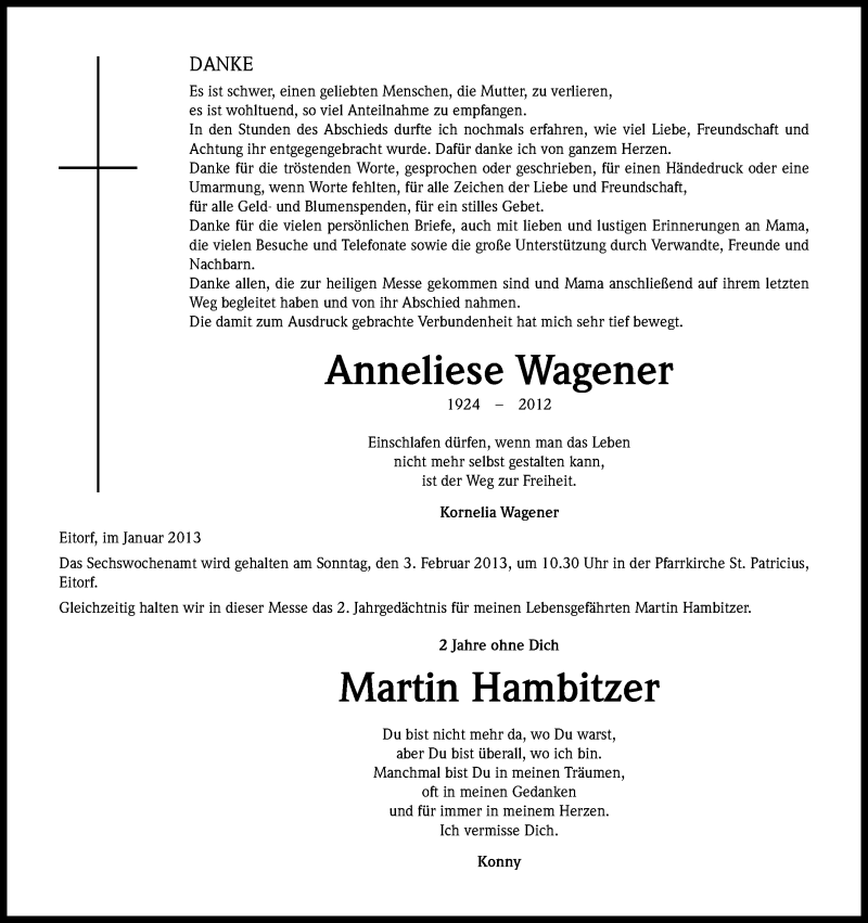  Traueranzeige für Anneliese Wagener vom 12.01.2013 aus Kölner Stadt-Anzeiger / Kölnische Rundschau / Express