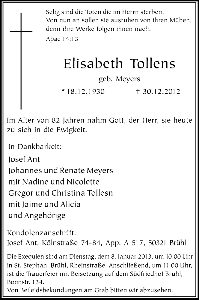  Traueranzeige für Elisabeth Tollens vom 05.01.2013 aus Kölner Stadt-Anzeiger / Kölnische Rundschau / Express