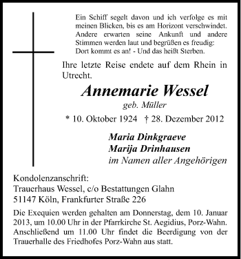Anzeige von Annemarie Wessel von Kölner Stadt-Anzeiger / Kölnische Rundschau / Express
