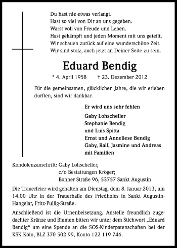 Anzeige von Eduard Bendig von Kölner Stadt-Anzeiger / Kölnische Rundschau / Express