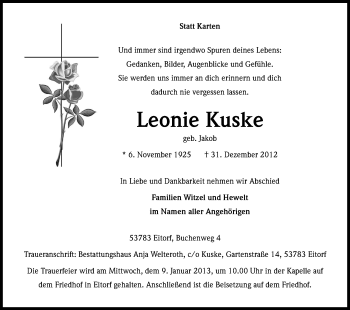 Anzeige von Leonie Kuske von Kölner Stadt-Anzeiger / Kölnische Rundschau / Express