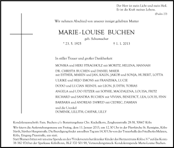 Anzeige von Marie-Louise Buchen von Kölner Stadt-Anzeiger / Kölnische Rundschau / Express