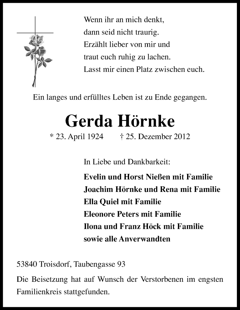  Traueranzeige für Gerda Hörnke vom 10.01.2013 aus Kölner Stadt-Anzeiger / Kölnische Rundschau / Express