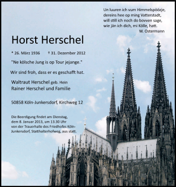 Anzeige von Horst Herschel von Kölner Stadt-Anzeiger / Kölnische Rundschau / Express
