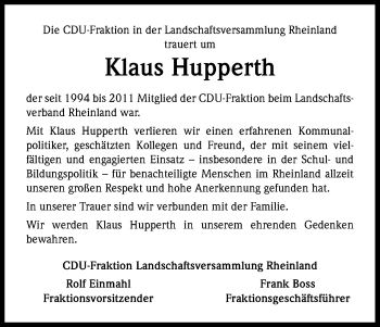 Anzeige von Klaus Hupperth von Kölner Stadt-Anzeiger / Kölnische Rundschau / Express