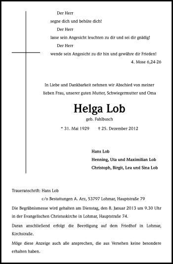 Anzeige von Helga Lob von Kölner Stadt-Anzeiger / Kölnische Rundschau / Express