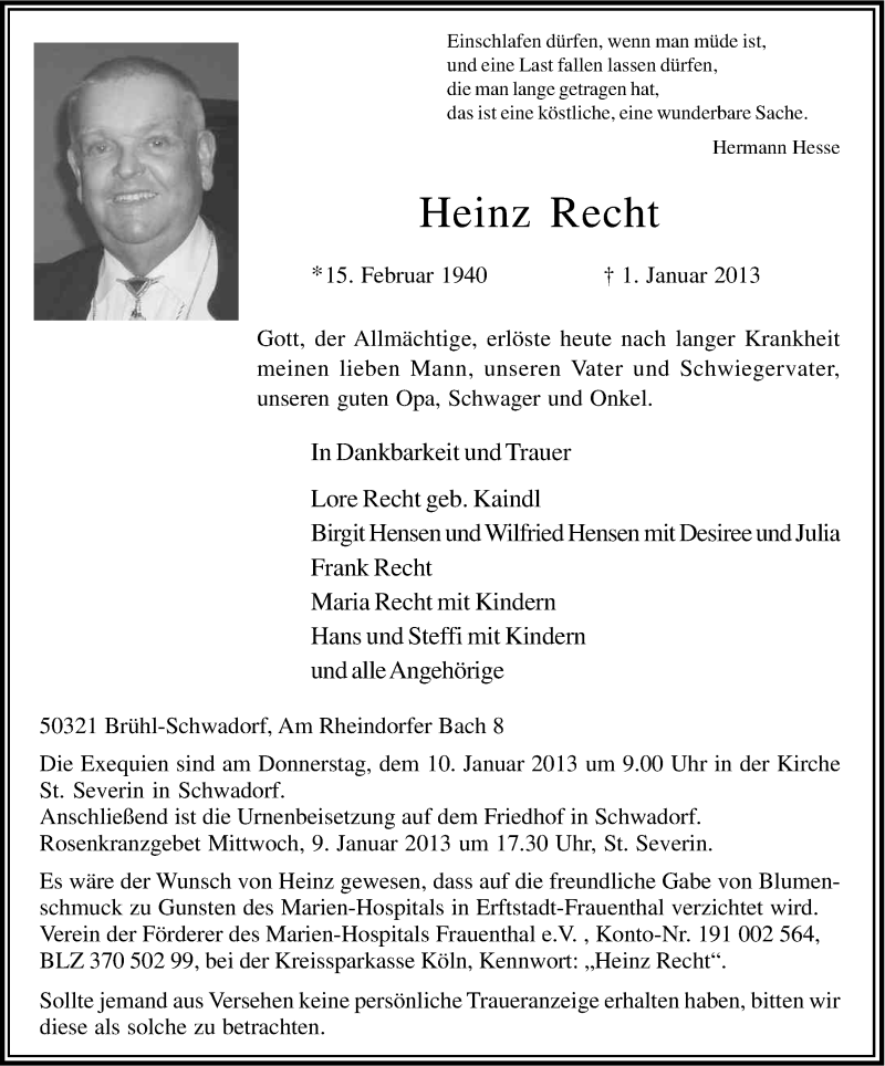  Traueranzeige für Heinz Recht vom 05.01.2013 aus Kölner Stadt-Anzeiger / Kölnische Rundschau / Express
