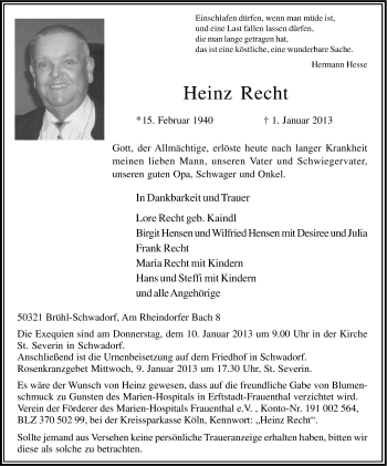 Anzeige von Heinz Recht von Kölner Stadt-Anzeiger / Kölnische Rundschau / Express