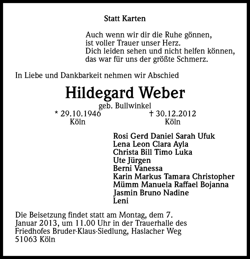  Traueranzeige für Hildegard Weber vom 05.01.2013 aus Kölner Stadt-Anzeiger / Kölnische Rundschau / Express