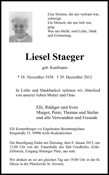 Anzeige von Liesel Staeger von Kölner Stadt-Anzeiger / Kölnische Rundschau / Express