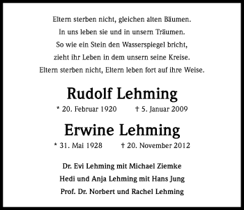 Anzeige von Rudolf und Erwine Lehming von Kölner Stadt-Anzeiger / Kölnische Rundschau / Express