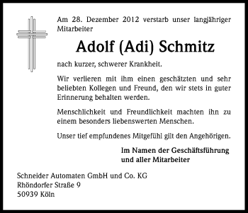 Anzeige von Adolf Schmitz von Kölner Stadt-Anzeiger / Kölnische Rundschau / Express