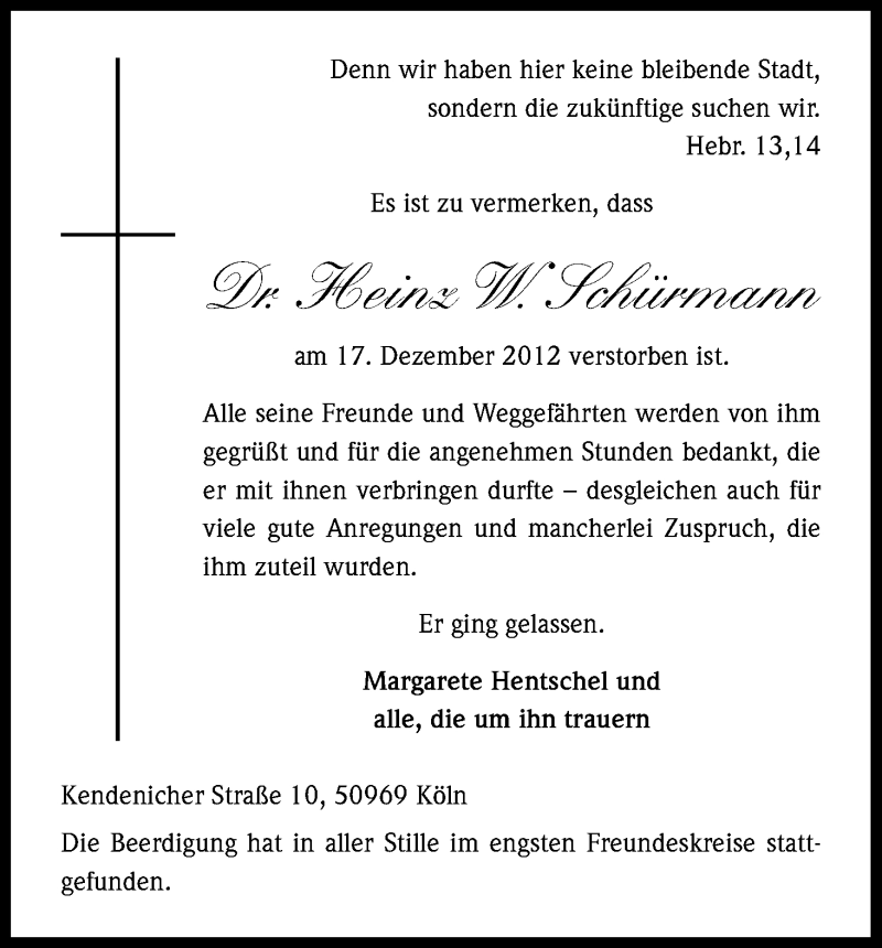  Traueranzeige für Heinz W. Schürmann vom 05.01.2013 aus Kölner Stadt-Anzeiger / Kölnische Rundschau / Express