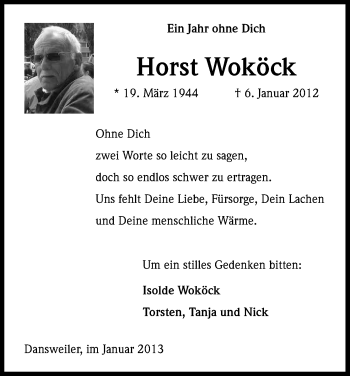 Anzeige von Horst Woköck von Kölner Stadt-Anzeiger / Kölnische Rundschau / Express