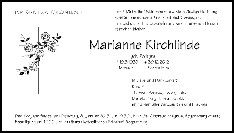  Traueranzeige für Marianne Kirchlinde vom 05.01.2013 aus Kölner Stadt-Anzeiger / Kölnische Rundschau / Express
