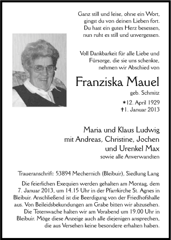 Anzeige von Franziska Mauel von Kölner Stadt-Anzeiger / Kölnische Rundschau / Express