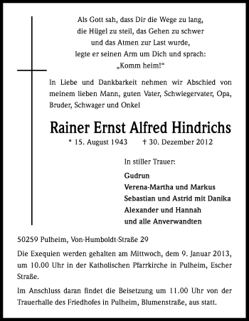 Anzeige von Rainer Ernst Alfred Hindrichs von Kölner Stadt-Anzeiger / Kölnische Rundschau / Express