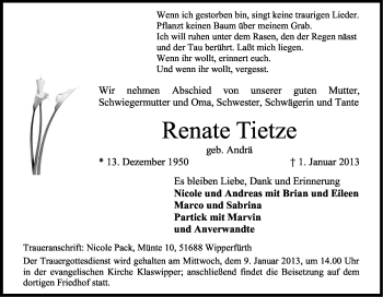 Anzeige von Renate Tietze von Kölner Stadt-Anzeiger / Kölnische Rundschau / Express