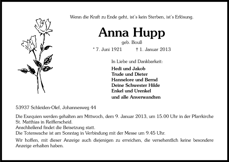  Traueranzeige für Anna Hupp vom 05.01.2013 aus Kölner Stadt-Anzeiger / Kölnische Rundschau / Express