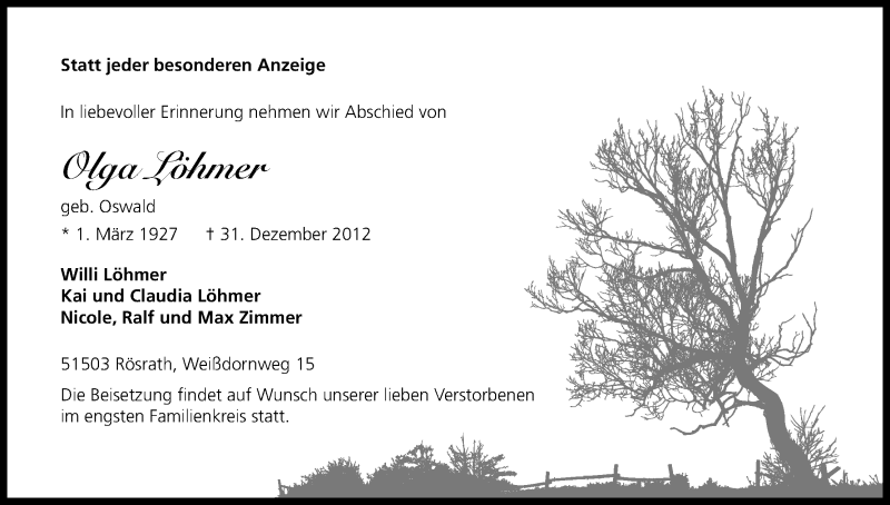  Traueranzeige für Olga Löhmer vom 05.01.2013 aus Kölner Stadt-Anzeiger / Kölnische Rundschau / Express