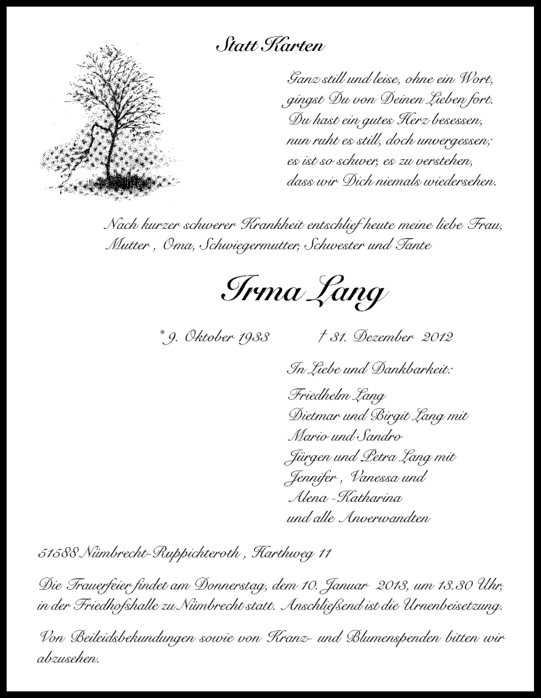  Traueranzeige für Irma Lang vom 04.01.2013 aus Kölner Stadt-Anzeiger / Kölnische Rundschau / Express