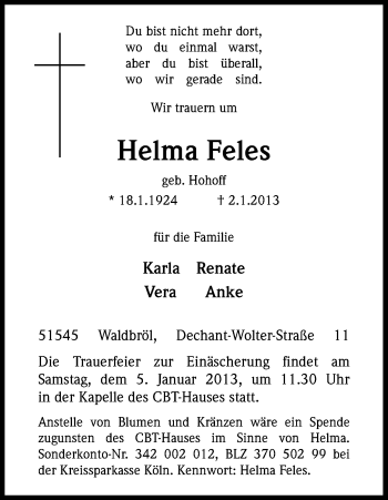 Anzeige von Helma Feles von Kölner Stadt-Anzeiger / Kölnische Rundschau / Express