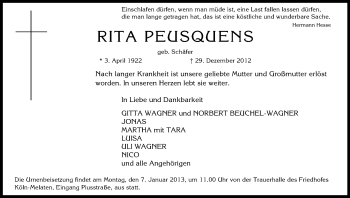 Anzeige von Rita Peusquens von Kölner Stadt-Anzeiger / Kölnische Rundschau / Express