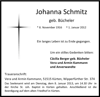Anzeige von Johanna Schmitz von Kölner Stadt-Anzeiger / Kölnische Rundschau / Express